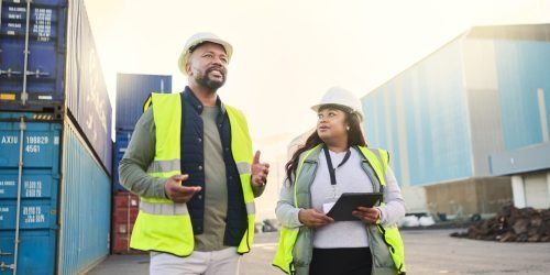 Logistics container, engineer black people manager and supply chain management at a shipping, cargo.